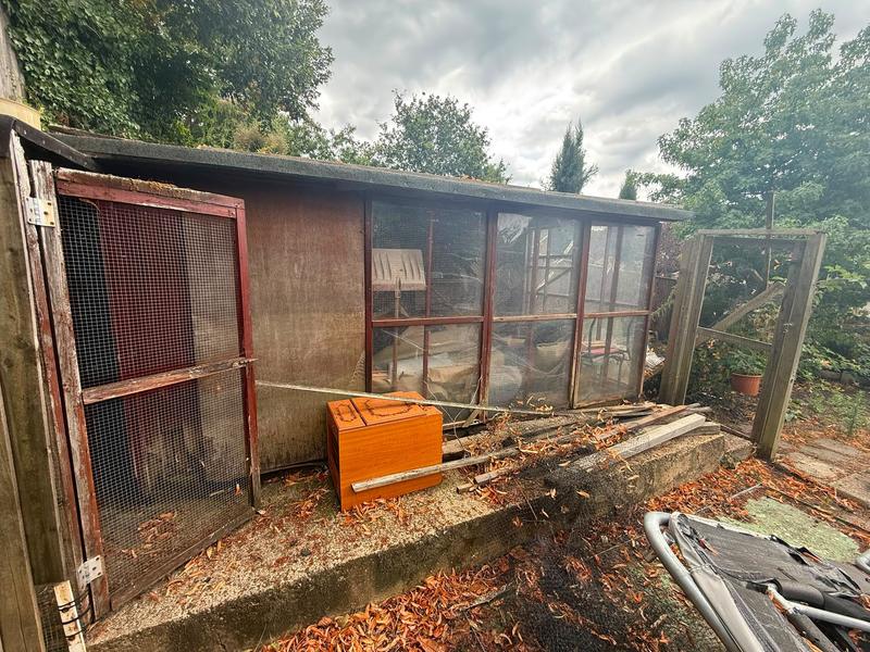 Timber and wire-mesh garden structure before removal