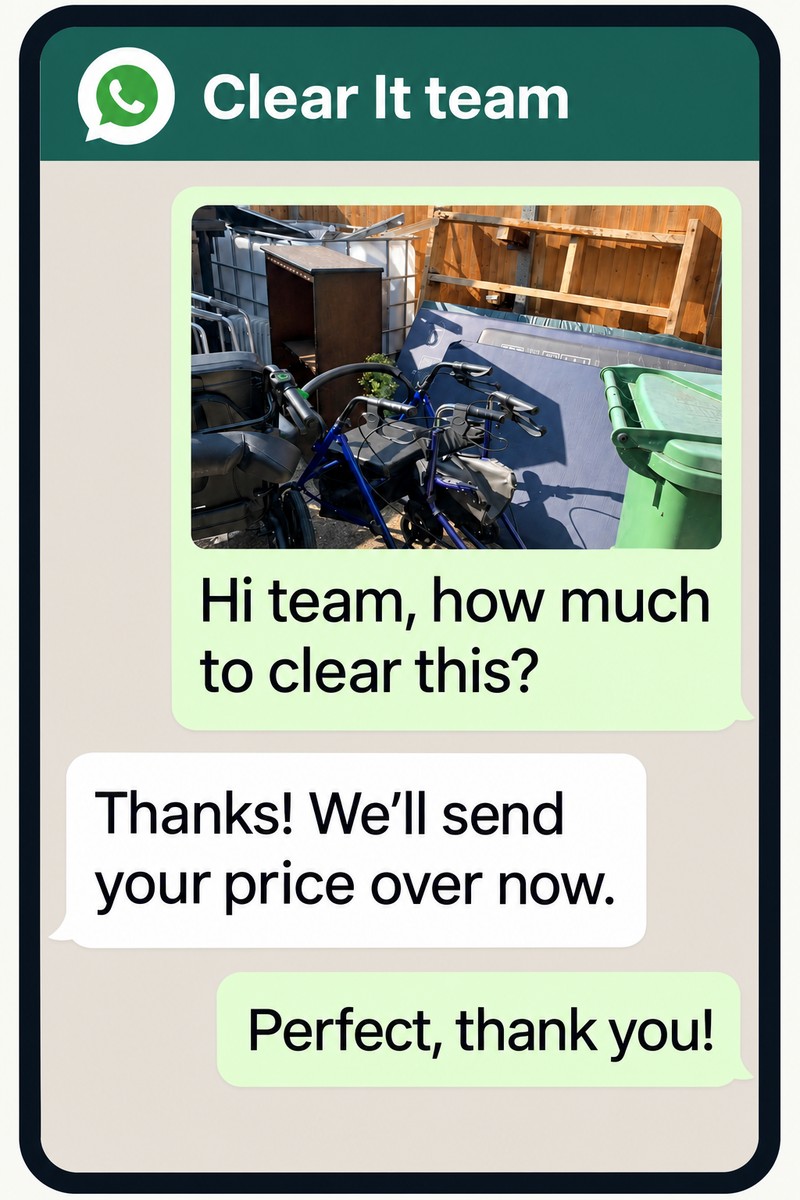 Example WhatsApp conversation with Clear It team: a customer sends a waste photo and asks how much to clear it. We reply that we will send their price over, and the customer says thank you.