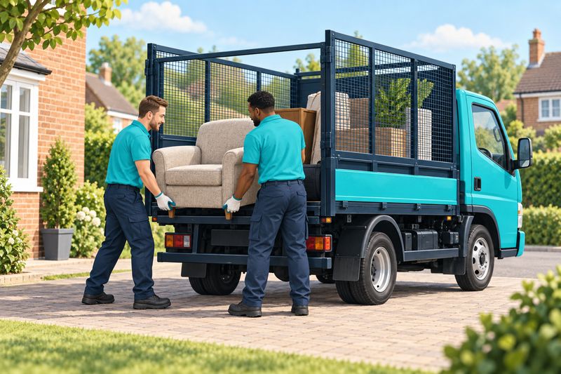 Illustration of two clearance team members loading an armchair into a turquoise cage-bodied truck.