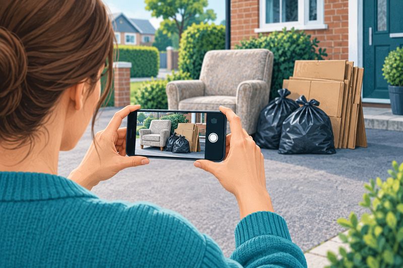 Illustration of a customer photographing unwanted furniture, cardboard and bags on a driveway.